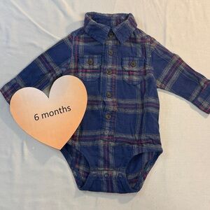 OshKosh B'gosh - long  sleeve flannel button down onesie. Size 6 month